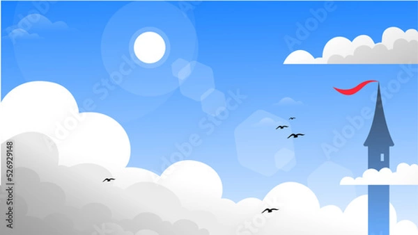 Fototapeta illustration of cloudy sky with red flag on high tower, clouds and sky, landscape of cloudy sky, cloudy sky background	