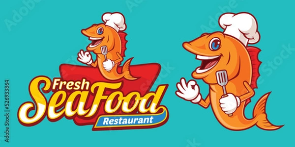 Obraz Delicious fresh seafood logo template, with cute cartoon fish chef characters