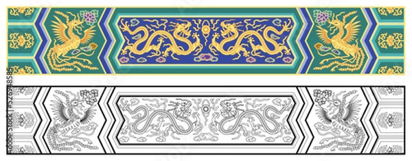 Obraz Layered editable vector illustration pattern of dragon and Phoenix,which are mainly used in ancient Chinese royal buildings.