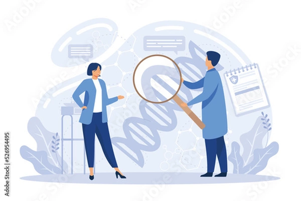 Fototapeta Bioengineering abstract concept flat vector illustration. Genetic engineering, genetically modified organism, lab-grown organs, dna manipulation, stem cells, transplantation