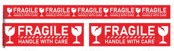 Fototapeta Fragile handle with care with pictrogram broken glass in red ribbon tape can be use for luxury valuable product easy touse print and attach vector eps.