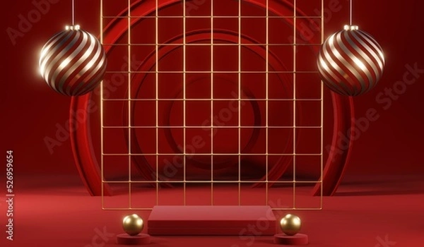 Fototapeta 3D rendering of blank product background for cream cosmetics Modern red podium background