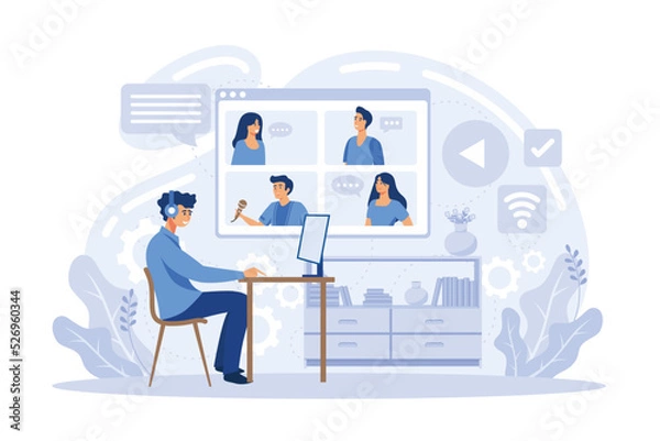 Fototapeta Video conference. People group on computer screen taking with colleague. Video conferencing and online communication vector concept. Illustration of communication screen conference, FLAT VECTOR ILLUST