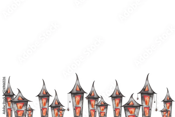 Fototapeta Watercolor illustration of hand painted black houses with red windows, crooked roof. Building on fire. Lantern. Haunted mansion. Cemetery. Frame template on white background for Halloween card, poster