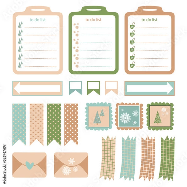 Fototapeta A universal set of templates for memo sheets, to do list, in the Christmas style. Snowflakes, Christmas trees, stamps, postal envelopes, arrows, pointers, note cards. In blue, green, beige.