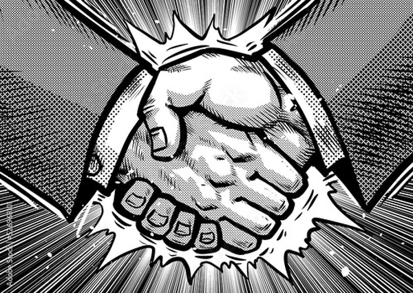 Obraz 力強い握手をする劇画マンガ風イラスト