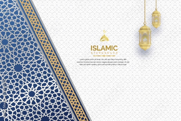 Obraz Islamic background design template with blue and white color