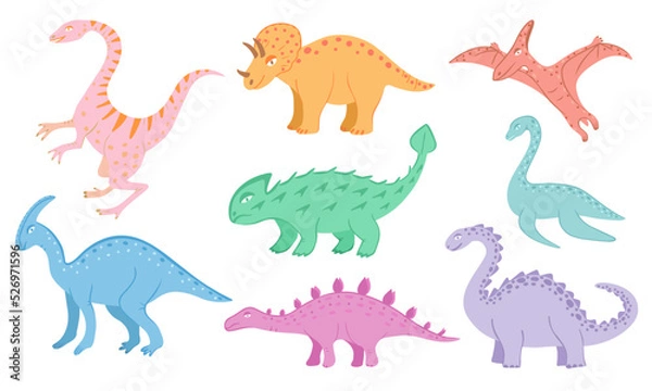 Fototapeta Dinosaurs set, ankylosaurus, brachiosaurus, diplodocus, pterodactyl etc.Vector Illustration for printing, backgrounds, covers and packaging. Isolated on white background.