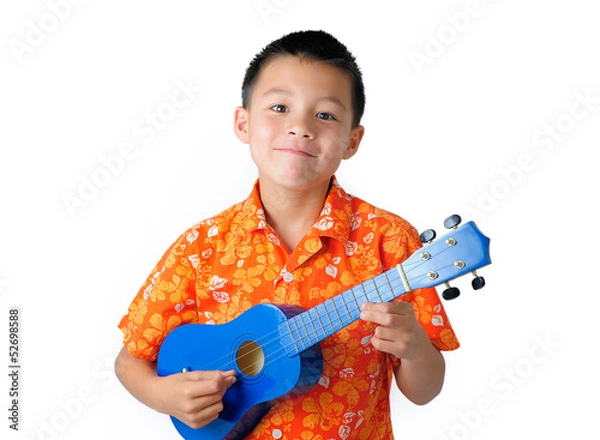 Fototapeta Boy in Orange Hawaiian T-Shirt Playing Ukulele