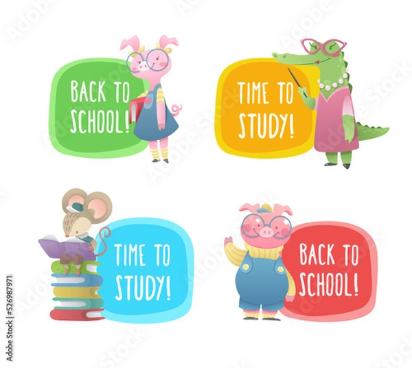 Fototapeta Cute school label with animals. Back to school and time to learn bages with schoolkids and teacher. Vector illustration in cartoon style