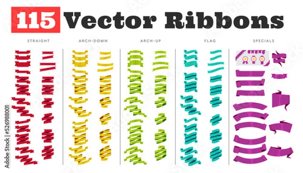 Fototapeta Set of 115 Ribbons of different shapes. Vector Ribbon elements. Vintage illustration of ribbons. Modern simple labels collection