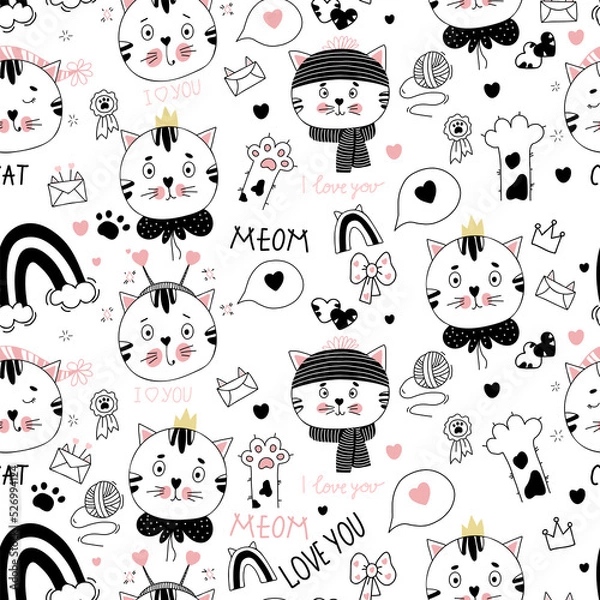 Fototapeta seamless pattern with funny cats in linear hand drawn doodle style
