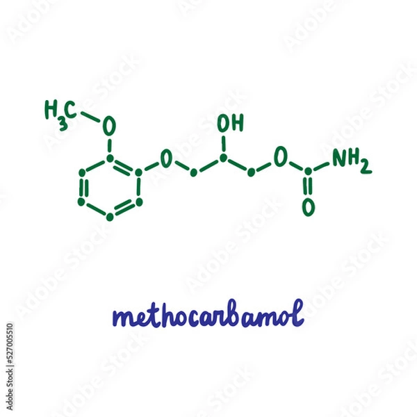 Fototapeta Methocarbomol hand drawn vector formula chemical structure lettering blue green