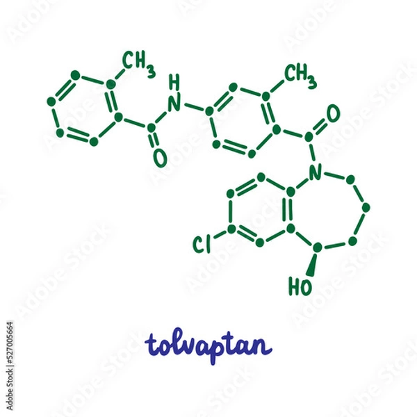 Fototapeta Tolvaptan hand drawn vector formula chemical structure lettering blue green