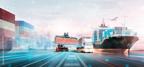 Fototapeta Smart Logistics Digital Marketing Technology Concept, Double Exposure Polygon Wireframe of Container Cargo Freight Ship, Plane, Truck, Growth Graph, Modern Future Import Export Transport Background