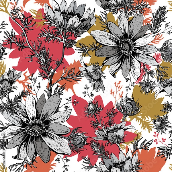 Fototapeta Trendy Elegant Floral seamless pattern blooming hand drawn black and white flowers. Botanical Motifs. Printing with in hand drawn style. Template for fashion prints.