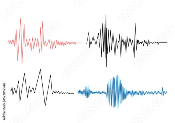 Obraz Earthquake seismogram waves set. Seismograph vibration recording chart collection. Polygraph lie detector diagram record. Audio wave, wind or tempetature measurement graph. Vector illustration.