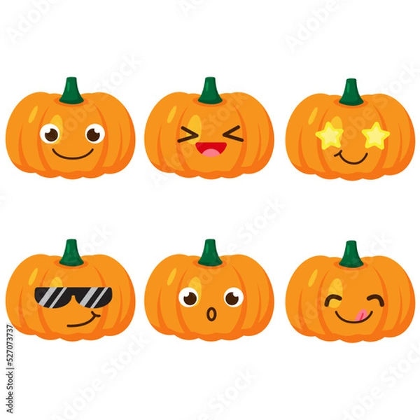 Fototapeta Set of pumpkin emojis. Kawaii style icons, vegetable characters. Vector illustration in cartoon flat style. Set of funny smiles or emoticons. Good nutrition and vegan concept. illustration for kids. 