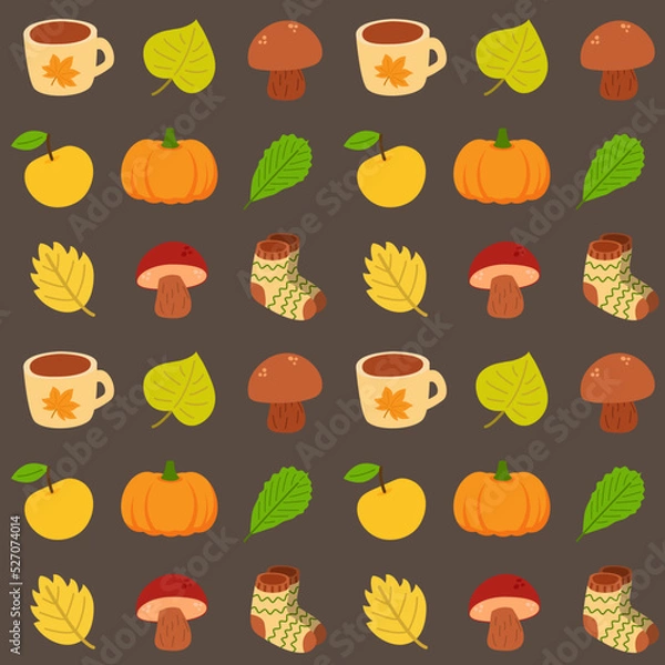 Fototapeta Seamless pattern with different autumn elements. Fall fashion collection. Cute print for textile, wrapping paper, clothes, wallpaper. Cute background for harvest festival, seasonal decor. 