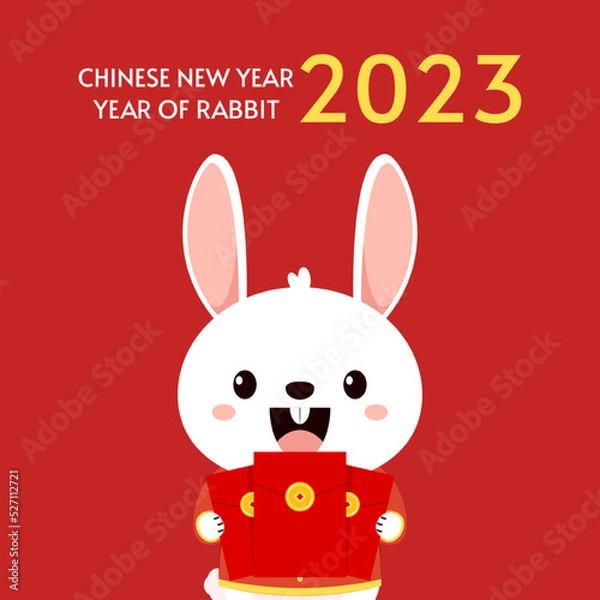 Obraz Happy Chinese new year greeting card 2023 with cute rabbit. Animal holidays cartoon character. Rabbit icon vector. Year of Rabiit.
