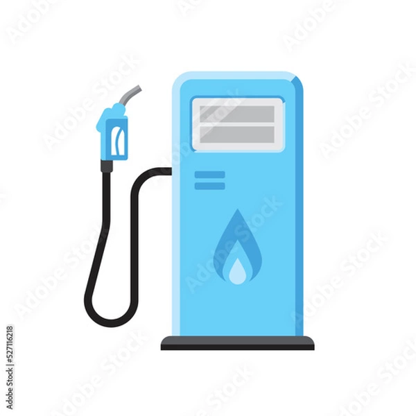 Fototapeta Wektorowa ilustracja niebieskiego stacji gazu ziemnego z pompą benzynową. Izolowane na białym. Płaski styl. Alternatywna koncepcja tankowania
