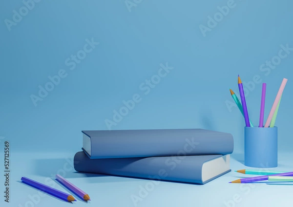 Fototapeta Bright, light sky blue 3D illustration back to school product display podium or stand, horizontal image from side with pencils and books on table for product photography background or wallpaper