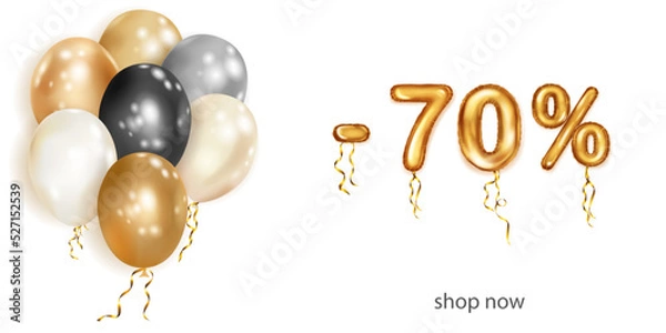 Fototapeta Discount creative illustration with white, black and gold helium flying balloons and golden foil numbers. 70 percent off. Sale poster with special offer on white background