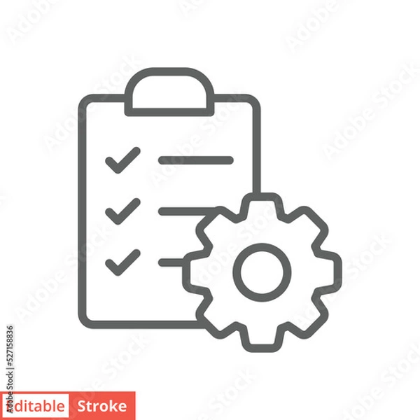 Obraz Clipboard with gear icon. Simple outline style. Project order, work, setting, technical support check list concept. Line vector illustration isolated on white background. Editable stroke EPS 10.