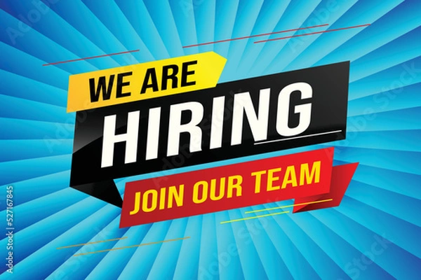 Fototapeta hiring recruitment Join now design for banner poster We are hiring lettering with geometric shapes lines. Vector illustration typographic. Open vacancy design template modern concept	

