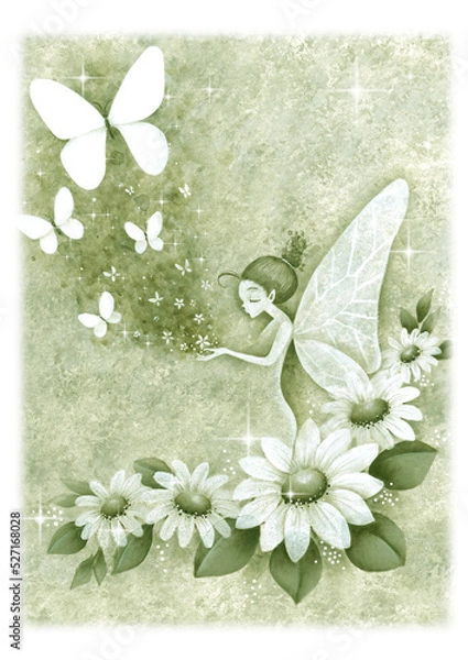 Obraz 花と妖精と蝶　手描きイラスト　緑