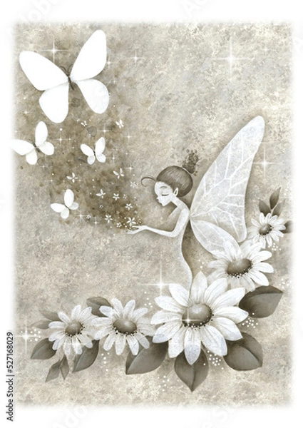 Obraz 花と妖精と蝶　手書きイラスト　グレー