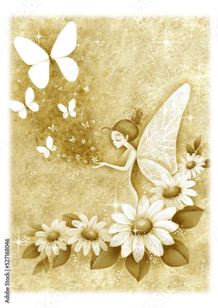 Obraz 花と妖精と蝶　手描きイラスト　黄