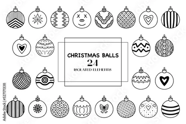 Fototapeta Big set of cute Christmas ball elements in doodle style for different types of decoration postcards stickers