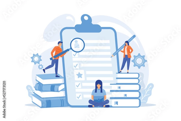 Obraz HR managers looking at curriculum vitae of job seeker as a concept of job interview, working experience, recruitment, job application. flat vector modern illustration