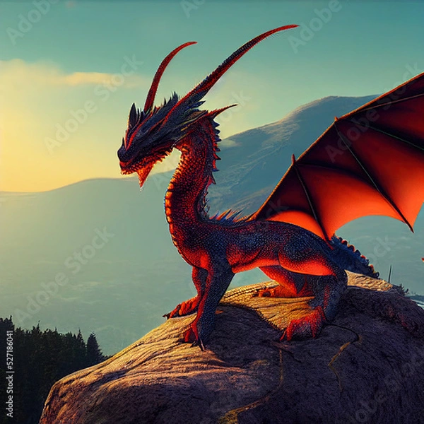 Obraz Red Dragon on the Mountain Top. Animal Character Design. Fantastic Style. Concept Art Scenery. Book Illustration. Video Game Scene. Serious Digital Painting. CG Artwork Background.
