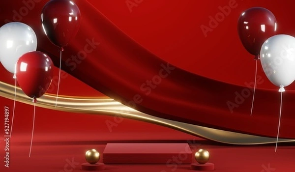Fototapeta 3D rendering of blank product background for cream cosmetics Modern red podium background