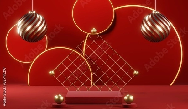 Fototapeta 3D rendering of blank product background for cream cosmetics Modern red podium background