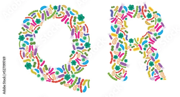 Fototapeta Vector alphabet Q R made of Bacteria isolated on white background, bacteria font. Vector illustration.
