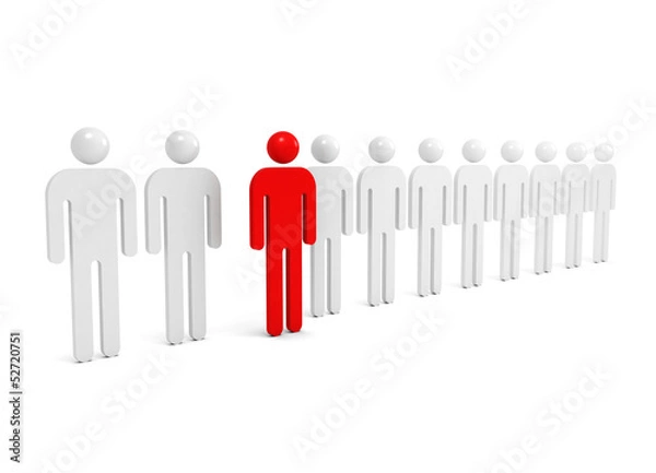 Fototapeta Row of abstract white people with one red outstanding