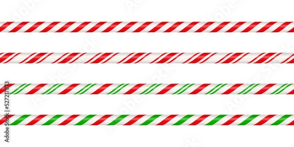 Fototapeta Christmas candy cane straight line border with red and green striped. Xmas seamless line with striped candy lollipop pattern. Christmas element. Vector illustration isolated on white background.