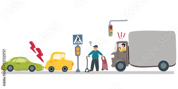 Fototapeta An aggressive or angry male driver yells at an elderly man who is crossing the road. Pedestrian crossing. car accident. Road rage. Vector illustration. Copy space