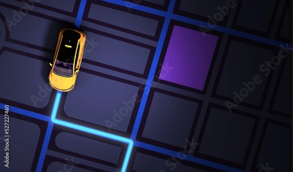 Fototapeta taxi cab online internet service transportation concept  yellow taxi on gps map 3d render illustration