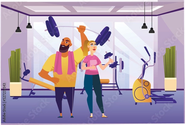Obraz Fitness gym concept with people scene in the background cartoon style. Man and woman perform exercises with dumbbells in the gym. Vector illustration.