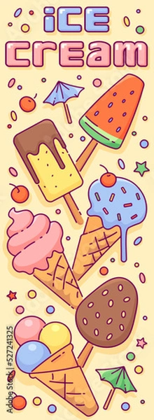 Obraz Vintage ad for ice cream. Cute illustration with different ice creams in cartoon style