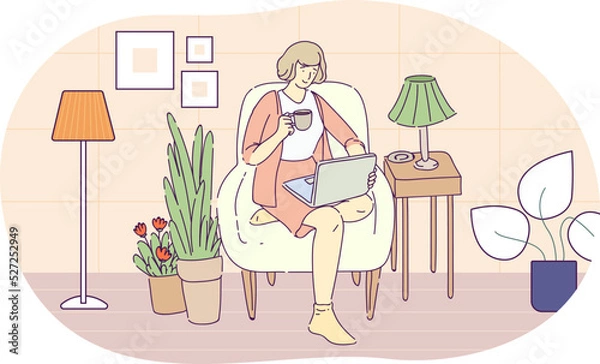 Fototapeta Woman sitting in comfy armchair with with coffee and laptop computer. Middle aged woman in comfy home clothes relaxing at home with electronic device. Person resting, chatting online hand drawn