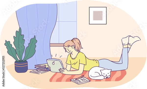Fototapeta Girl lying on floor and working with tablet Pc. Girl student studying remotely using digital device and books. Schoolgirl learning lessons or doing homework at home hand drawn style vector