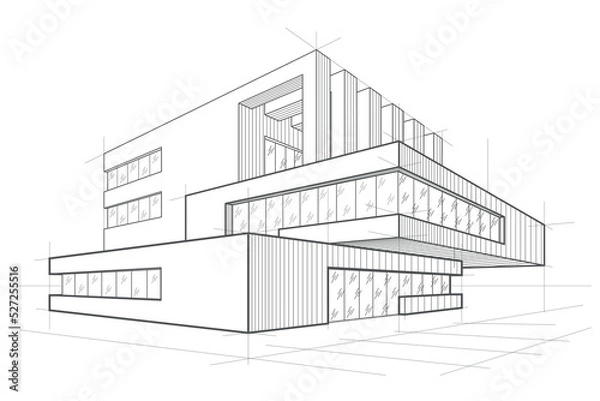 Obraz Linear modern abstract sketch - cottage with overhanging part on white background
