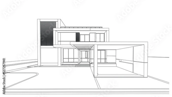 Fototapeta Wireframe of house. Wireframe perspective. 3D wireframe building.