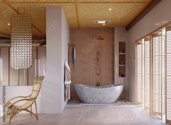 Obraz 3d rendering,3d illustration, Interior Scene and  Mockup,scandinavian style bathroom render 3d,natural wooden furniture.