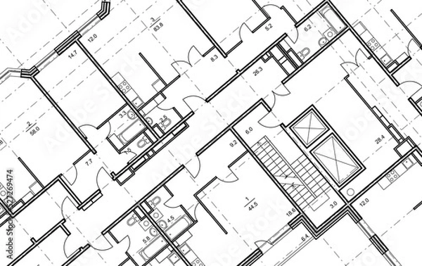 Fototapeta Architectural background. Part of architectural project, architectural plan of the apartment. Detailed floor plan, apartment layout, blueprint. Black and white vector illustration EPS10.